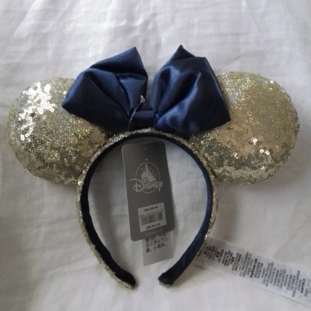 Disney World 50th Anniversary Gold Sequin Blue Satin Minnie Bow Ear Headband